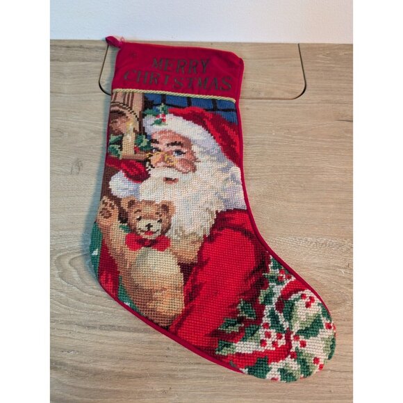 Needlepoint Santa Claus Bear Holly Jolly St Nick Christmas Red Velvet Flaw - Picture 1 of 6